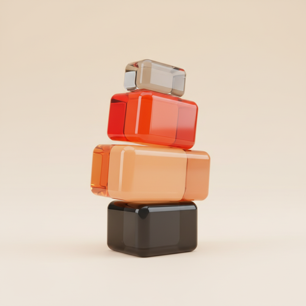 Three stacked glass building blocks in orange and charcoal