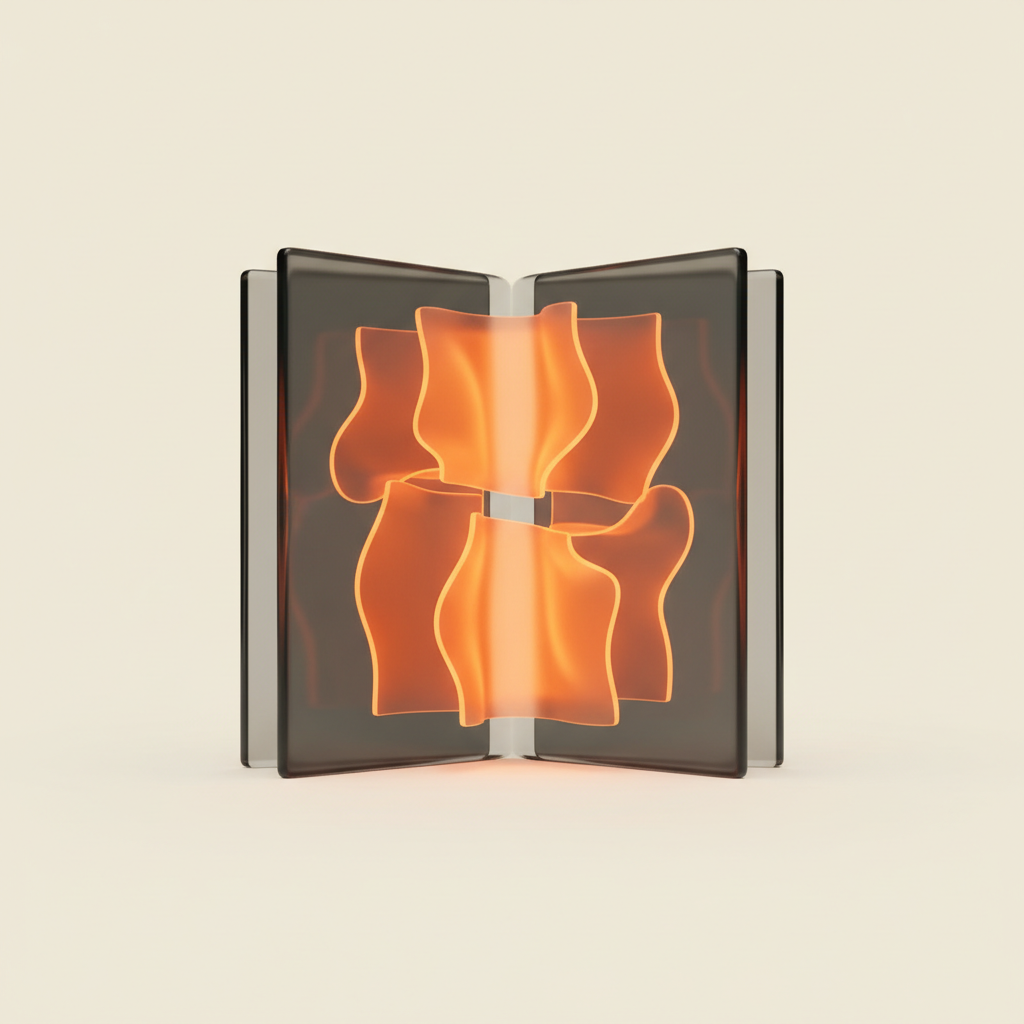 An open smoked-glass book with pages glowing warm orange