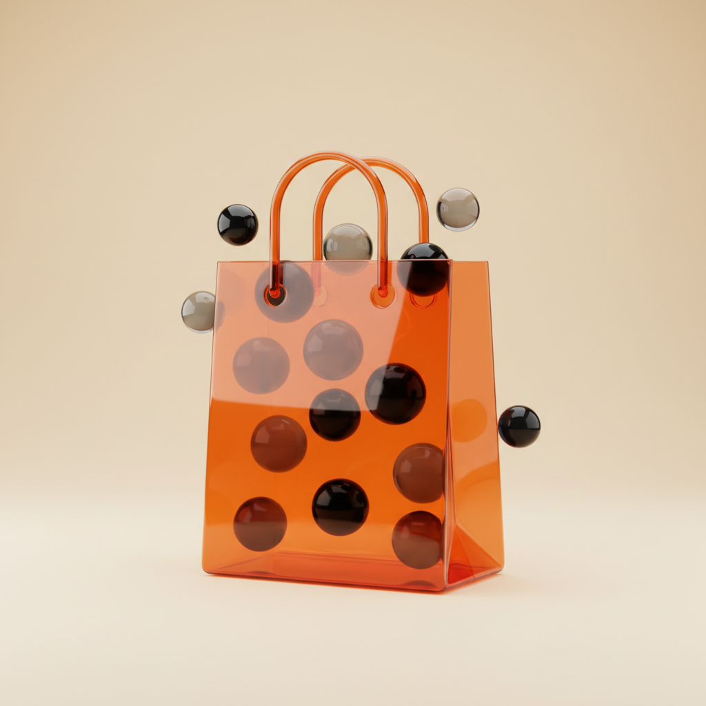 A glossy orange glass shopping bag with charcoal and grey spheres