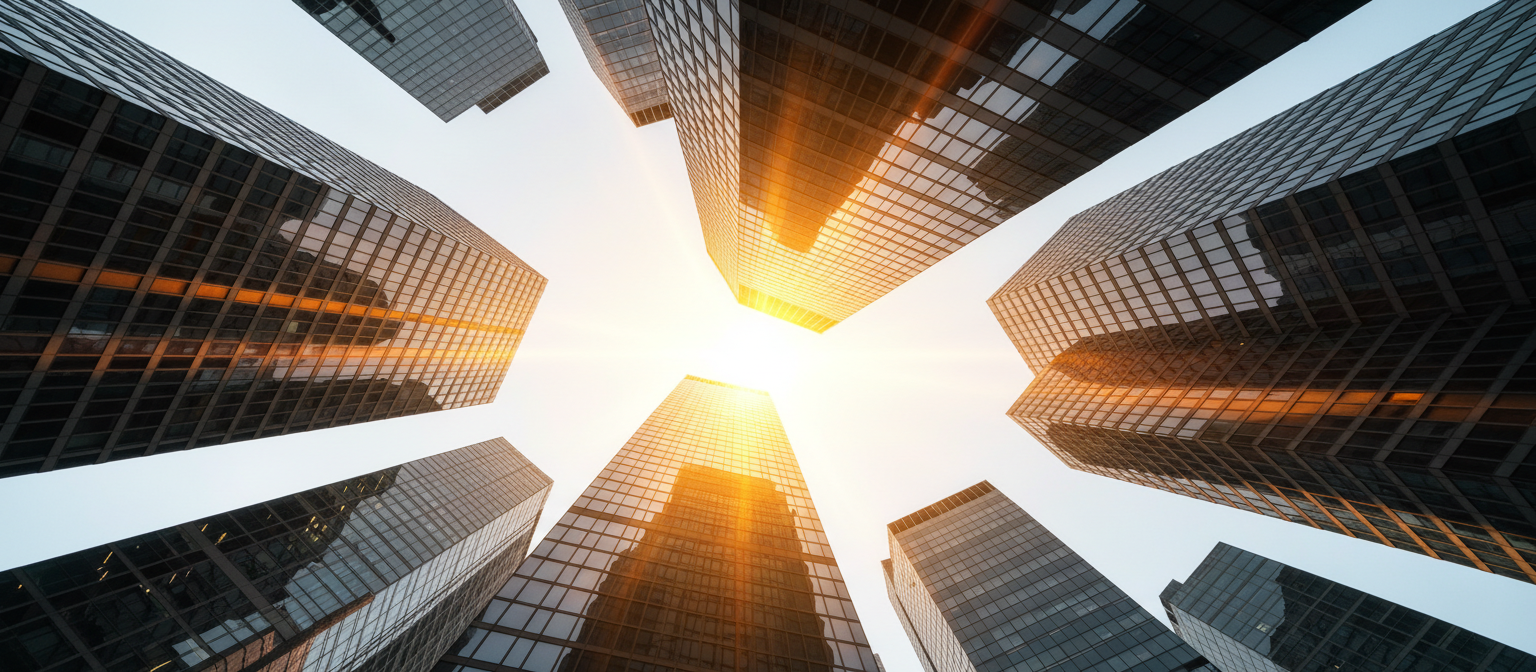 Modern glass skyscrapers seen from below, converging toward a bright sun in a luminous sky